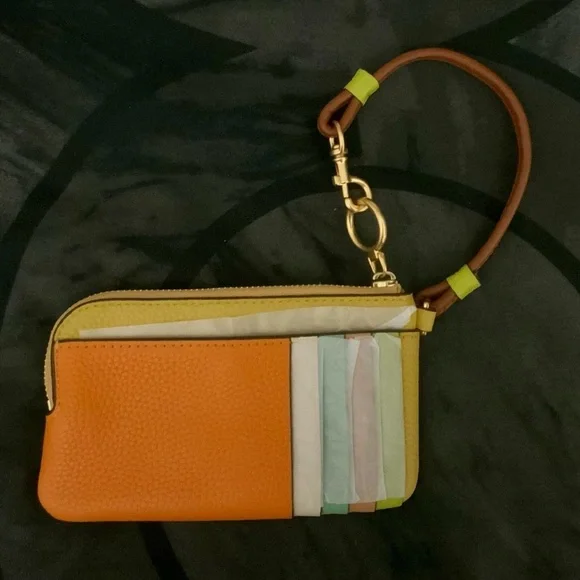 🆑 Tory Burch Authentic Leather Color Block Zip Card Case Yellow NWT